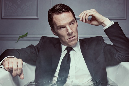 Cumberbatch as Patrick Melrose sitting in a tub wearing a suit
